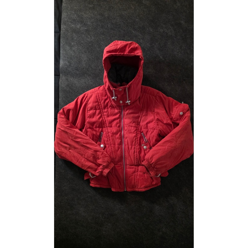 Tyrolia Vintage Ski Jacket Red Puffer Hooded Faux Shearling Collar Womens 6